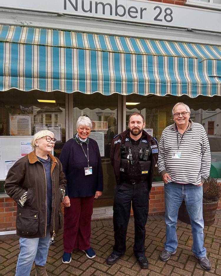 Sue, Bob and Patti outside Number 28 with PCSO Ben Hedley-Lewis our local community officer